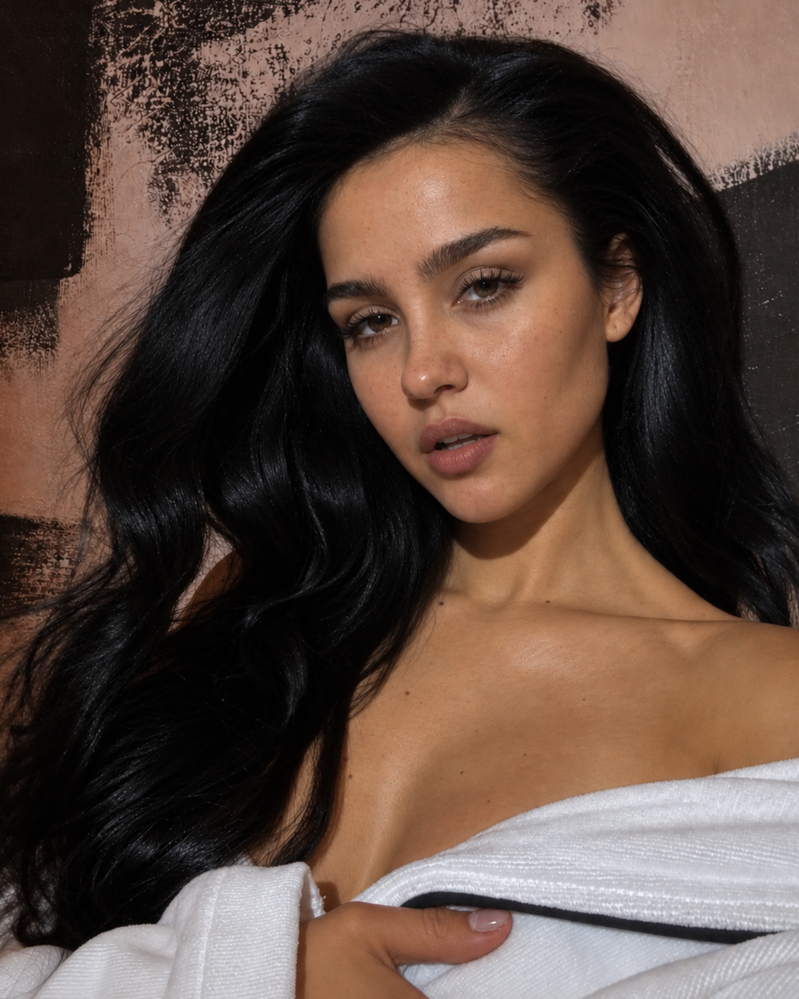 In this AI depiction, Amelia Gray Hamlin appears with long, voluminous dark hair, softly defined facial features, and a natural-looking complexion. | Source: ChatGPT