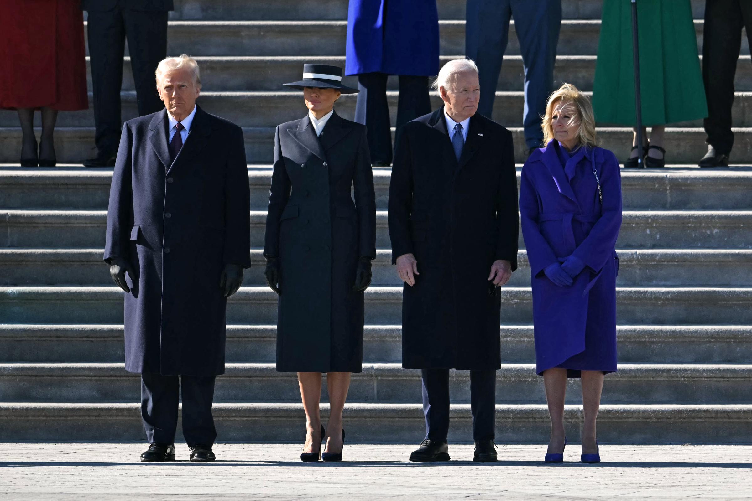 Donald and Melania Trump standing with Joe Biden and Dr. Jill Biden during a farewell ceremony outside the U.S. Capitol in Washington, D.C., on January 20, 2025 | Source: Getty Images