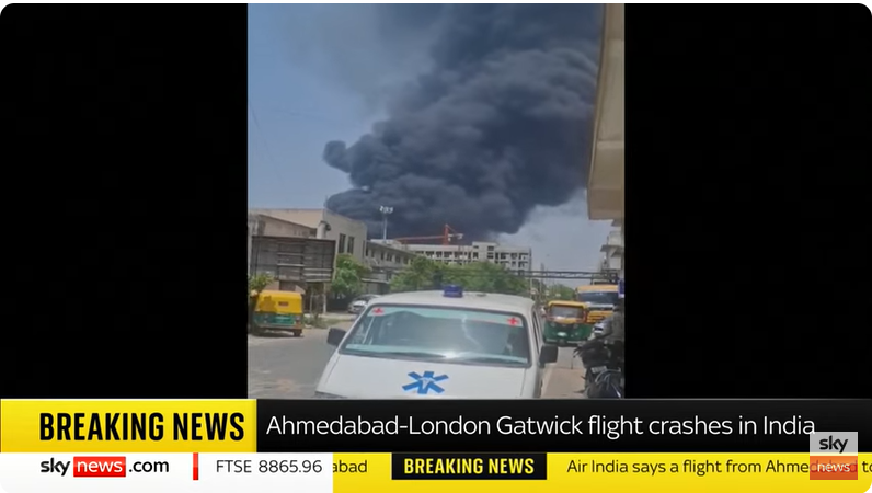 Huge plumes of smoke near Indian airport after plane crash, from a post dated June 12, 2025 | Source: Youtube/@SkyNews