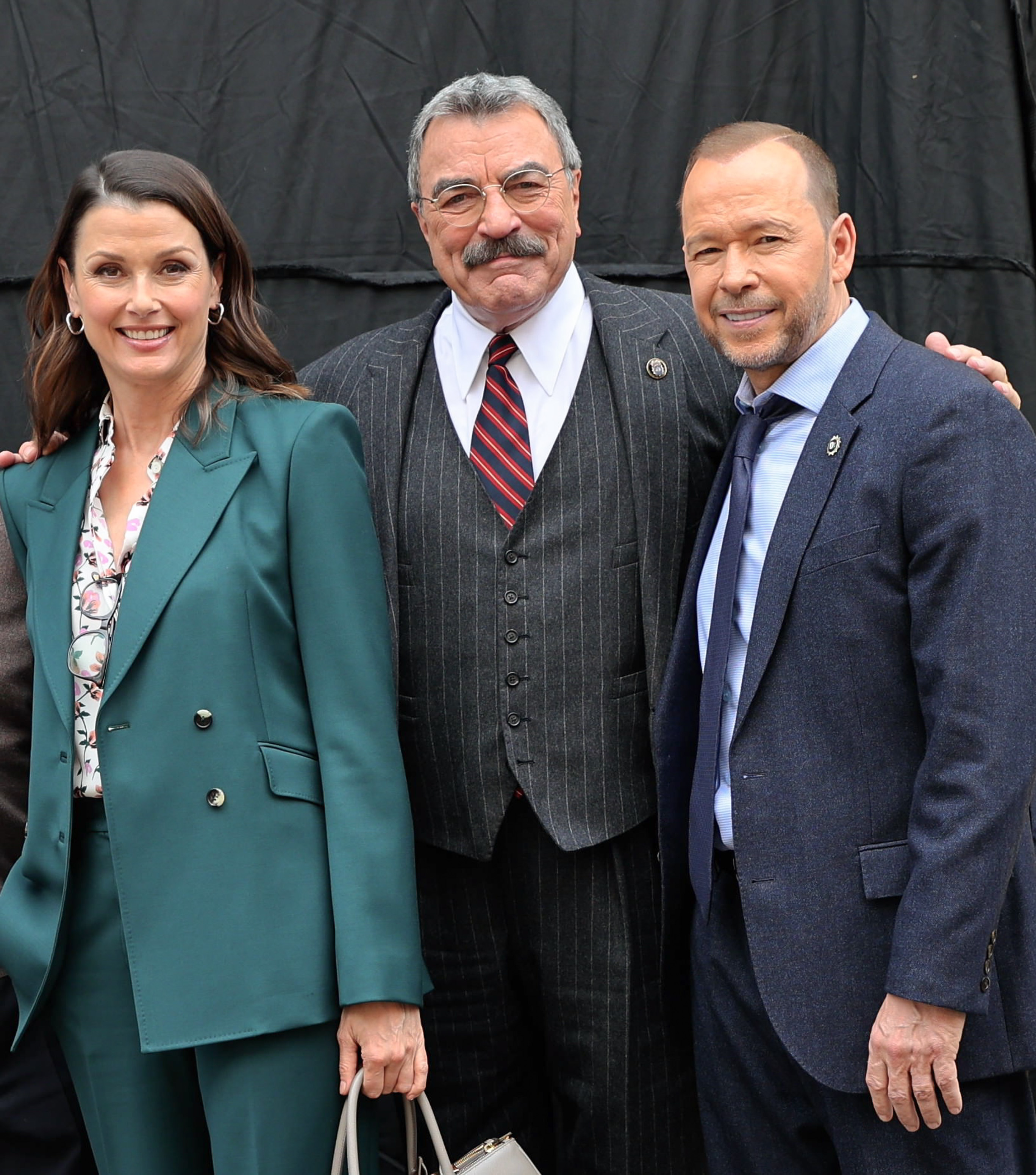 Tom Selleck, Bridget Moynahan, and Donnie Wahlberg are seen at the film set of the 'Blue Bloods' TV series in New York City on May 01, 2024 | Source: Getty Images