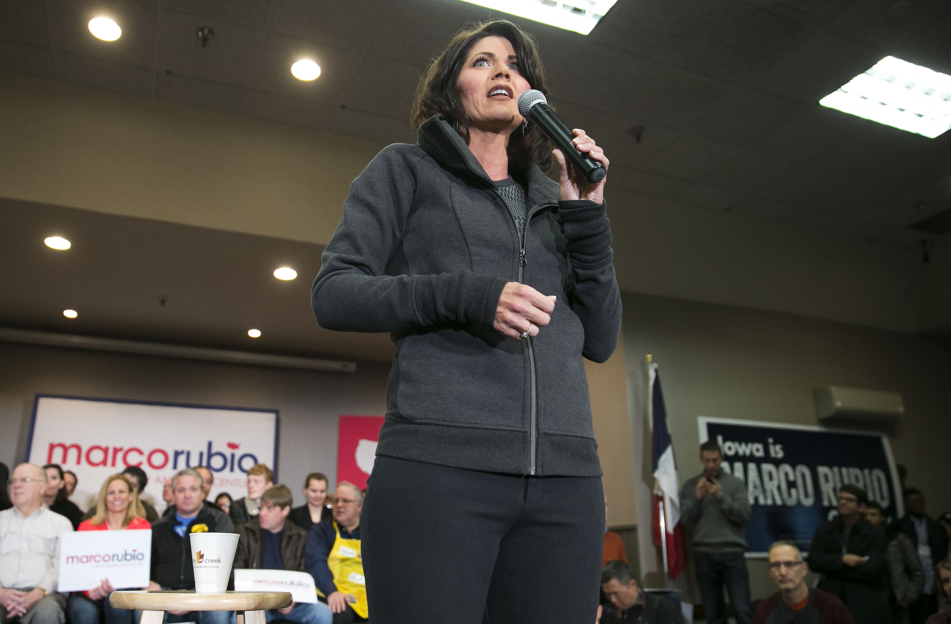 Kristi Noem speaks as she endorses Republican presidential candidate Marco Rubio at a town hall campaign stop at the Stoney Creek Inn on January 16, 2016, in Urbandale, Iowa | Source: Getty Images