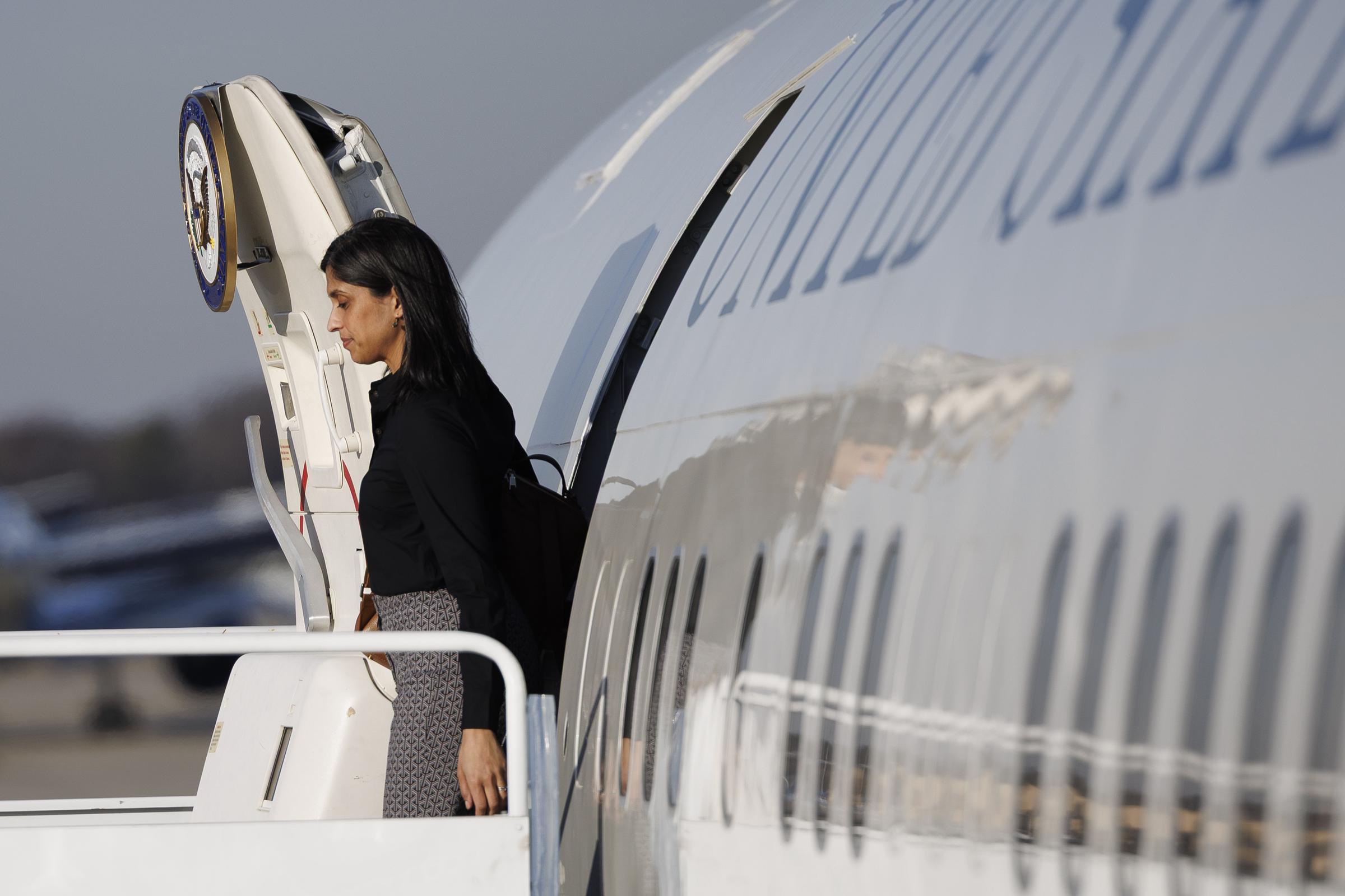 Usha Vance exits Air Force Two at Joint Base Andrews during a December 2025 trip to Pennsylvania. The Maryland base was also the departure point months later when cameras captured the tense moment involving Usha and her infant son, Alec. | Source: Getty Images