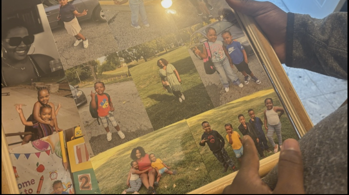 A hand points to a collection of family photos featuring Tadens Joseph and loved ones inside a photo album. | Source: Facebook/KCTV5 News Kansas City﻿